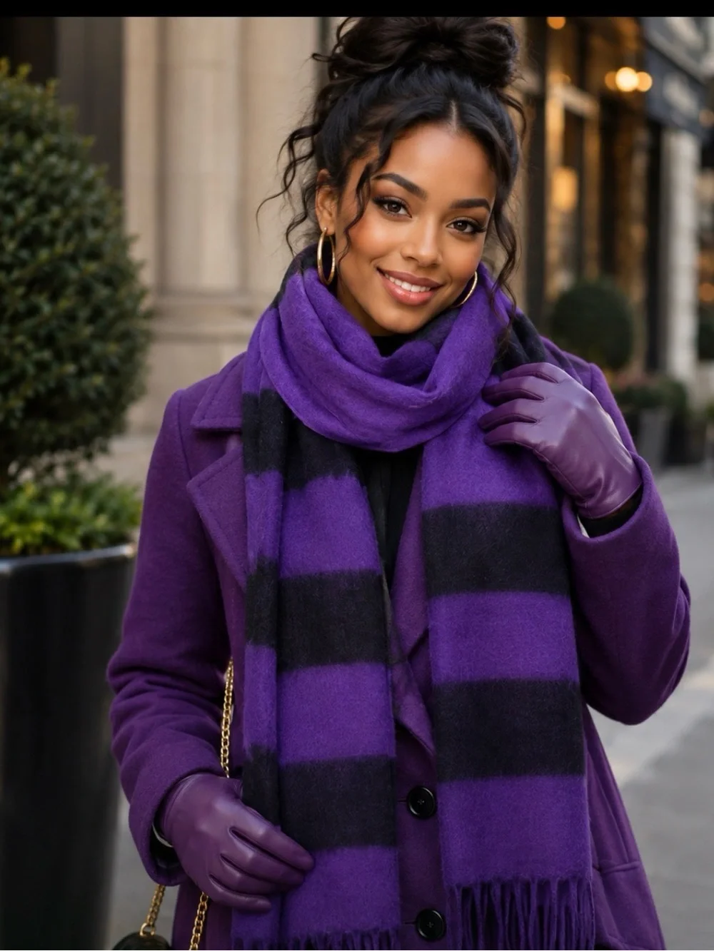NWT Stylish Talbots Purple & Black Cashmere Striped Winter Scarf